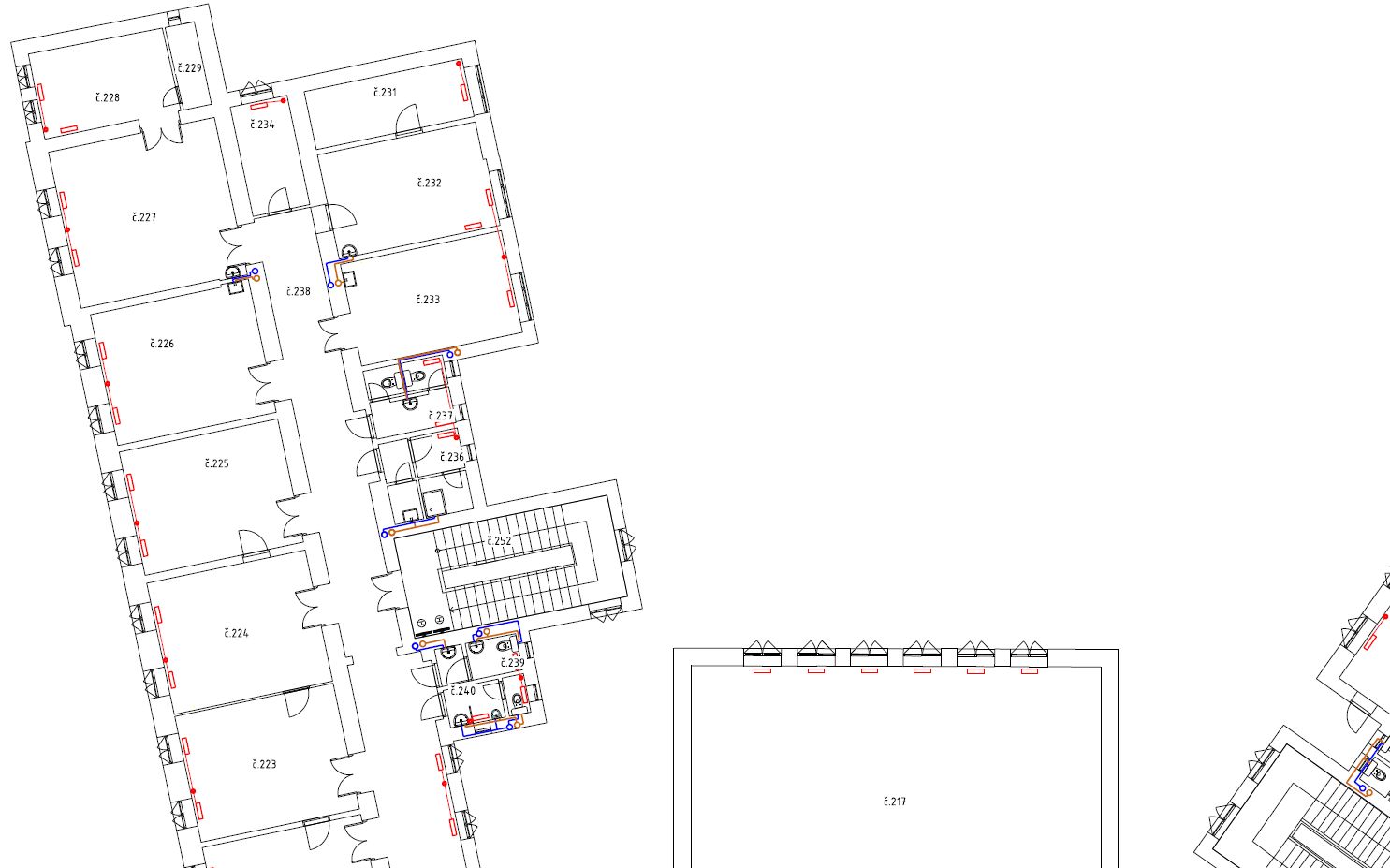 Detail půdorysu instalace voda, odpad a topení